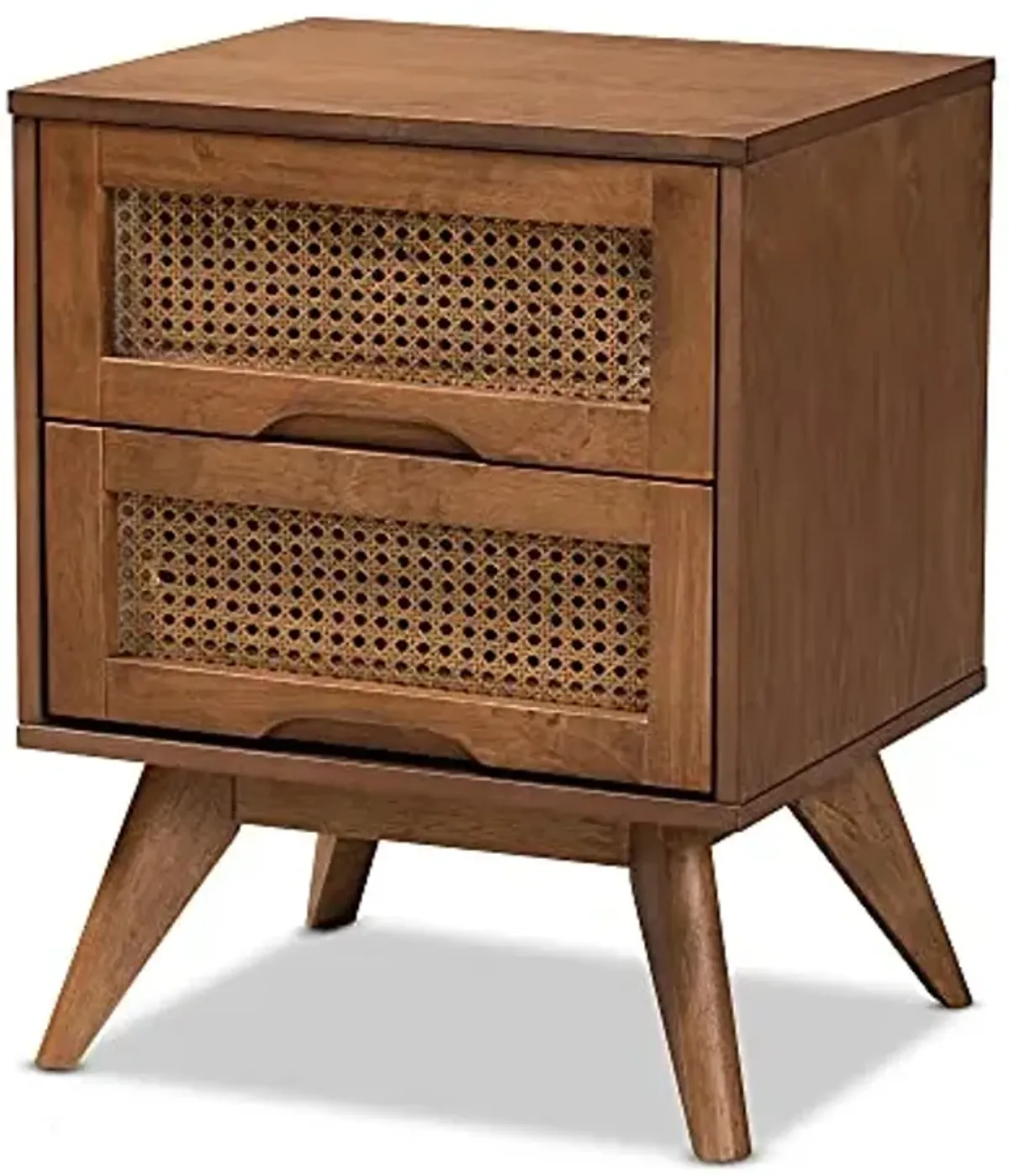 Baxton Studio Barrett Mid-Century Modern Walnut Brown Finished Wood and Synthetic Rattan 2-Drawer Nightstand