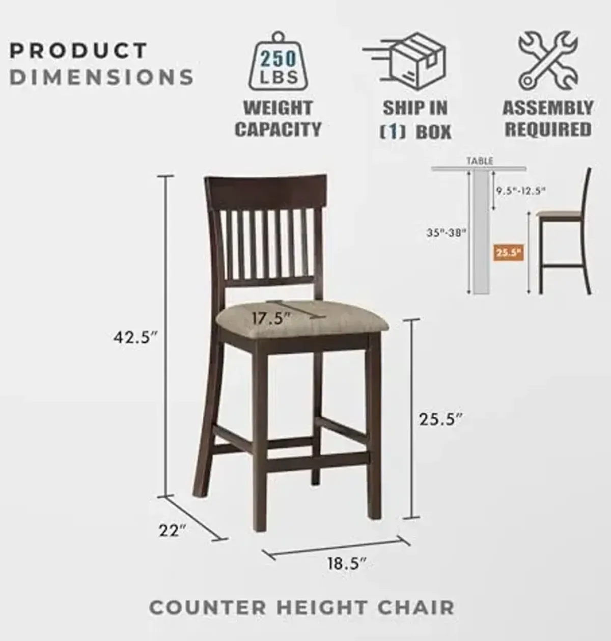 Lexicon Counter Height Stools Set of 2 - Attis Kitchen Counter Stools Set of 2, Upholstered Padded 25.5" Seat Height, Sturdy Solid Wood, Farmhouse Kitchen Chairs, Slat Back, Easy Assembly, Dark Brown