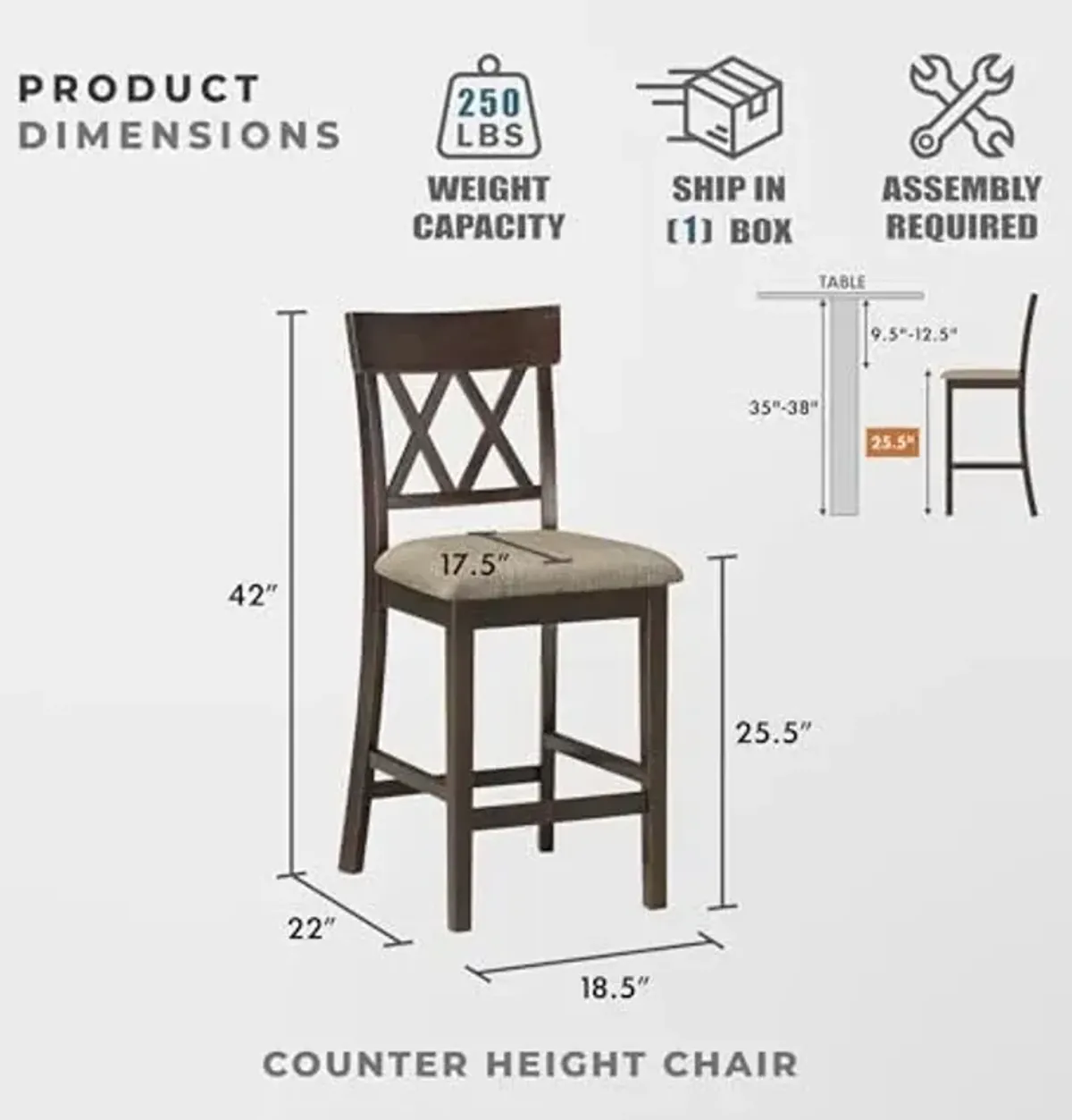Counter Height Stools Set of 2 - Attis Kitchen Counter Stools Set of 2, Upholstered Padded 25.5" Seat Height, Sturdy Solid Wood, Farmhouse Kitchen Chairs, Cross Back, Easy Assembly, Dark Brown