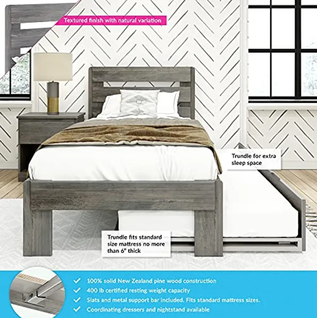 Max & Lily Modern Farmhouse Twin Bed with Plank Headboard and Trundle, Driftwood