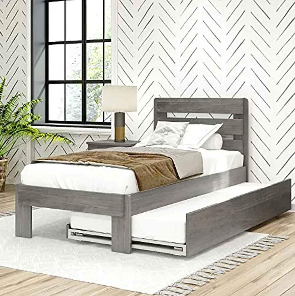 Max & Lily Modern Farmhouse Twin Bed with Plank Headboard and Trundle, Driftwood