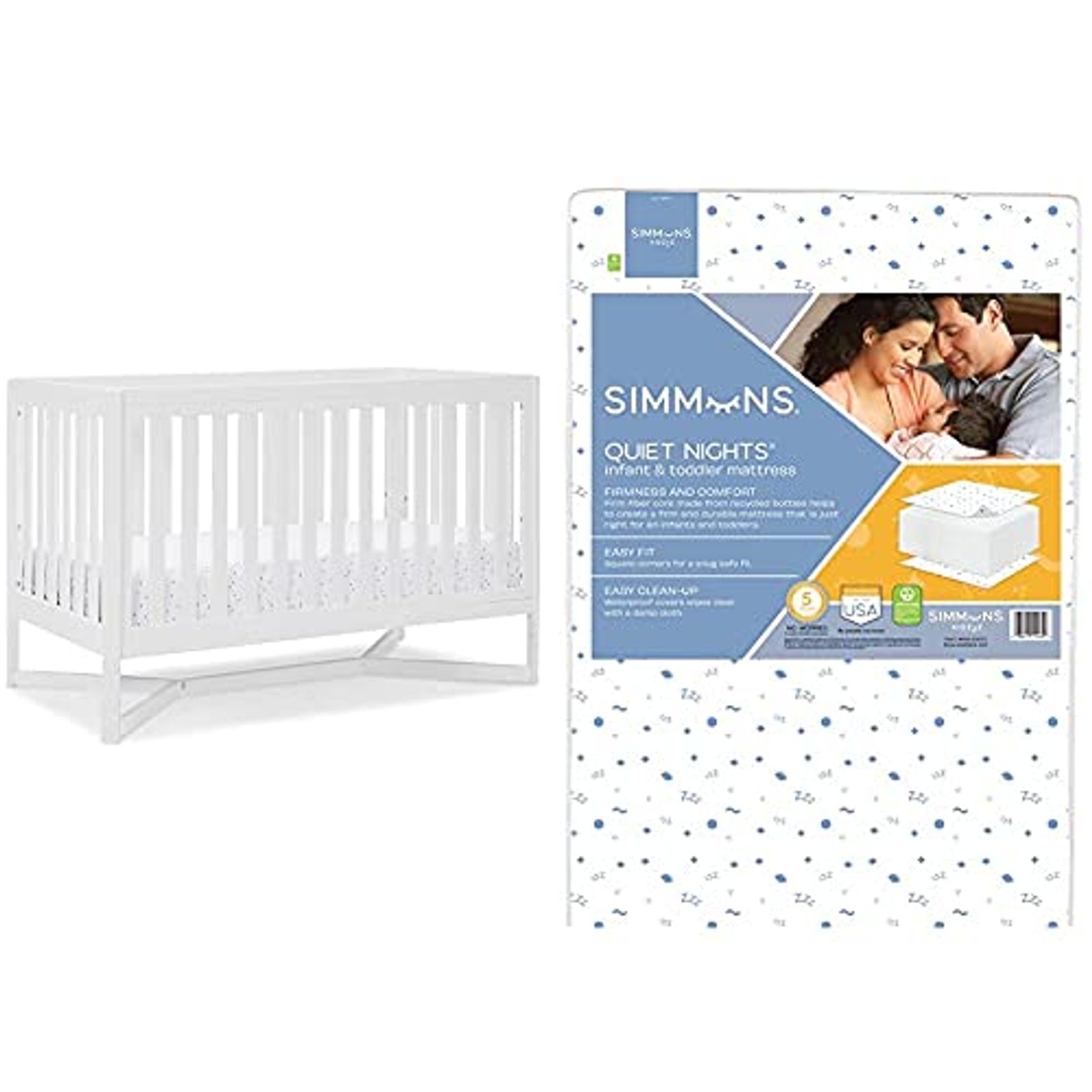 Delta Children Tribeca 4-in-1 Baby Convertible Crib + Simmons Kids Quiet Nights Crib and Toddler Mattress Made from Recycled Water Bottles/GREENGUARD Gold Certified [Bundle], Bianca White