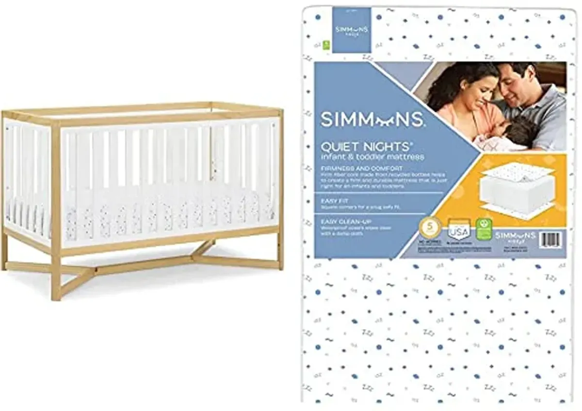 Delta Children Tribeca 4-in-1 Baby Convertible Crib + Simmons Kids Quiet Nights Crib and Toddler Mattress Made from Recycled Water Bottles/GREENGUARD Gold Certified [Bundle], Bianca White/Natural