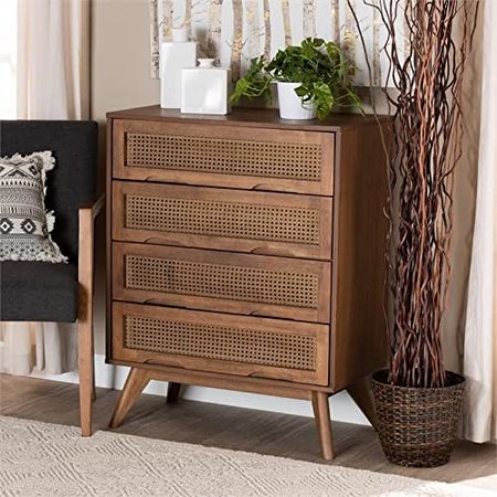 Baxton Studio Barrett Brown Finished Wood and Synthetic Rattan 4-Drawer Chest