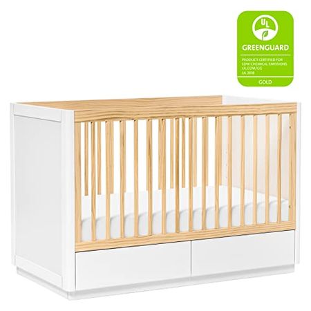 Babyletto Bento 3-in-1 Convertible Storage Crib with Toddler Bed Conversion Kit in White and Natural, Undercrib Storage Drawers, Greenguard Gold