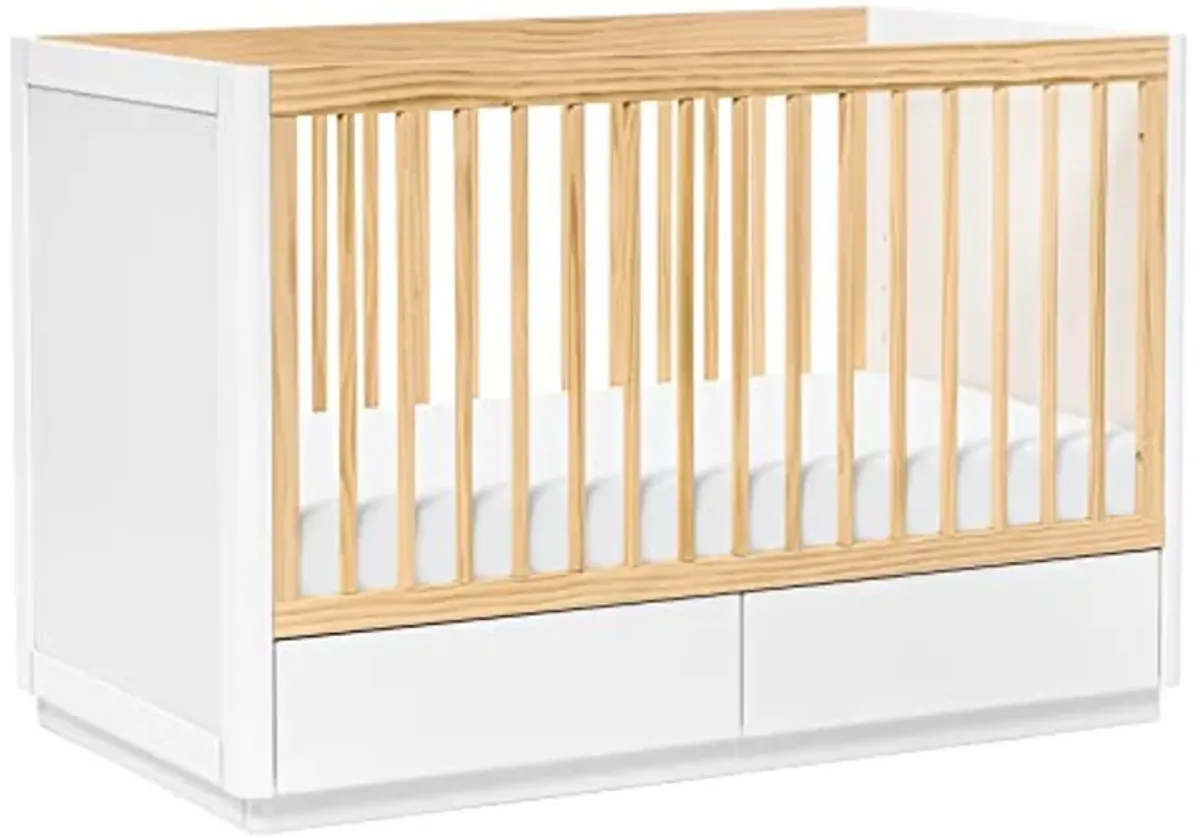 babyletto Bento 3-in-1 Convertible Storage Crib with Toddler Bed Conversion Kit in White and Natural, Undercrib Storage Drawers, Greenguard Gold