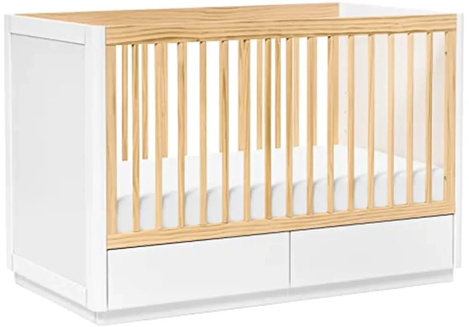 babyletto Bento 3-in-1 Convertible Storage Crib with Toddler Bed Conversion Kit in White and Natural, Undercrib Storage Drawers, Greenguard Gold