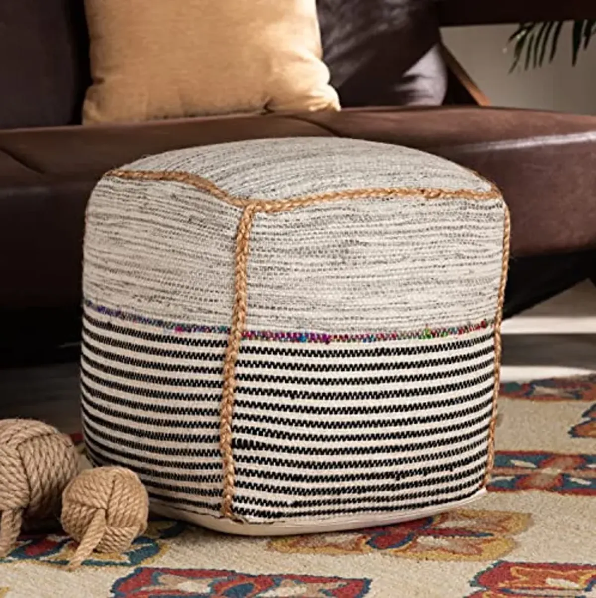 Baxton Studio Arta Modern and Contemporary Bohemian Multi-Colored Handwoven Wool Blend Pouf Ottoman