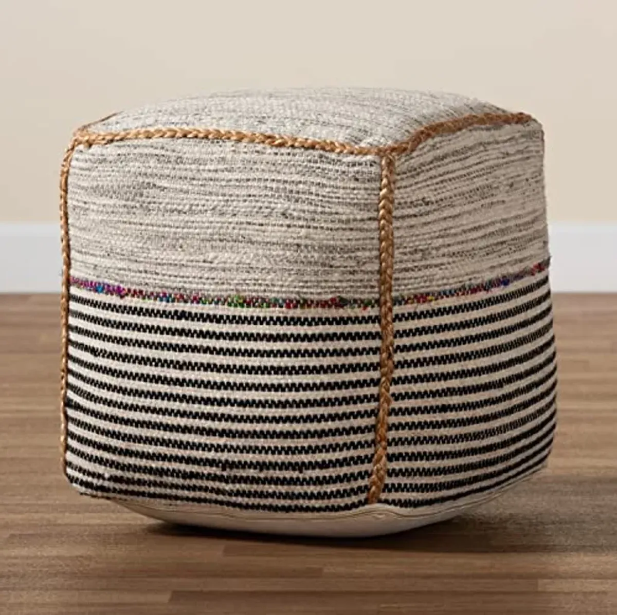 Baxton Studio Arta Modern and Contemporary Bohemian Multi-Colored Handwoven Wool Blend Pouf Ottoman