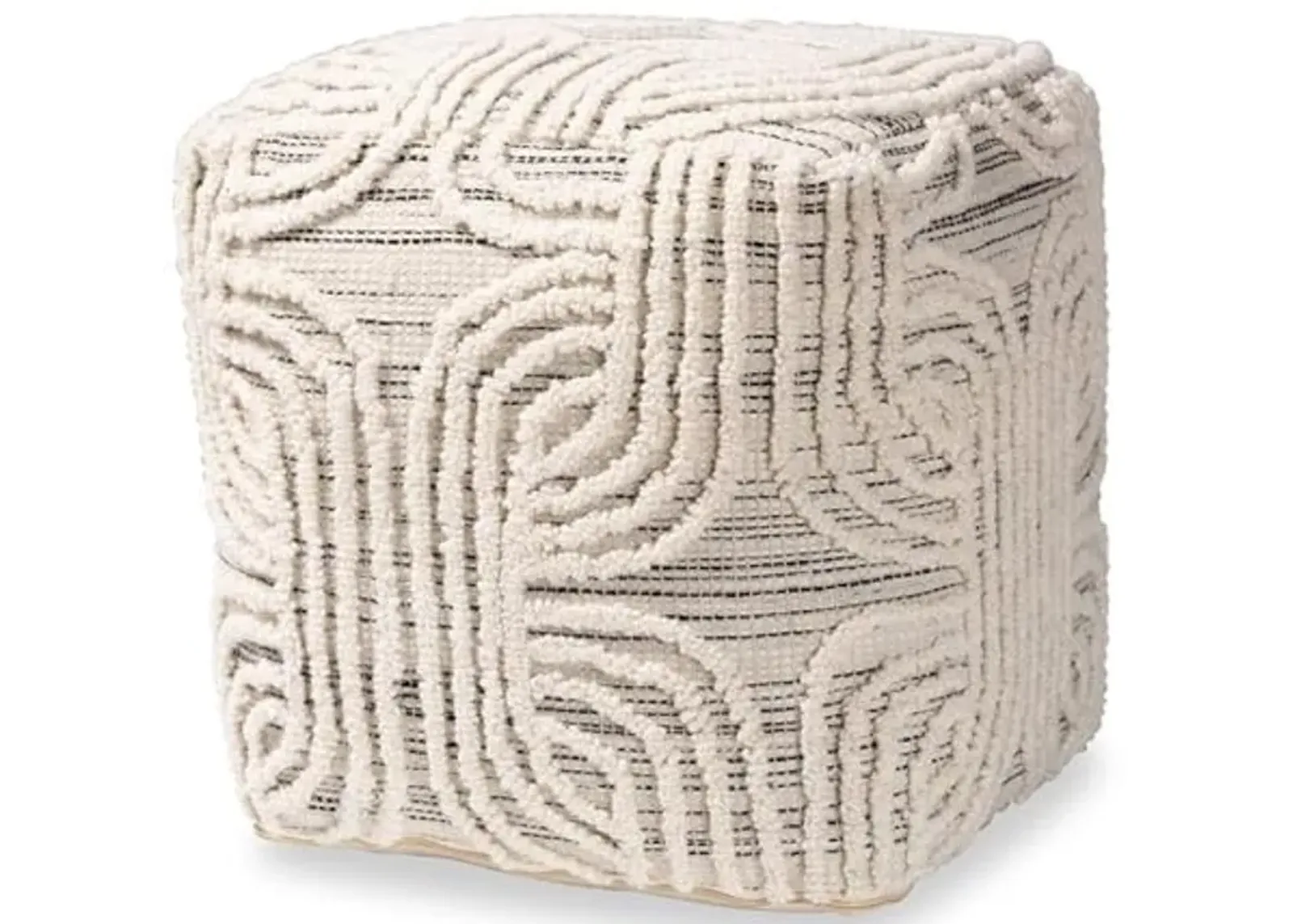 Baxton Studio Arlett Modern and Contemporary Bohemian Ivory and Black Handwoven Wool Blend Pouf Ottoman