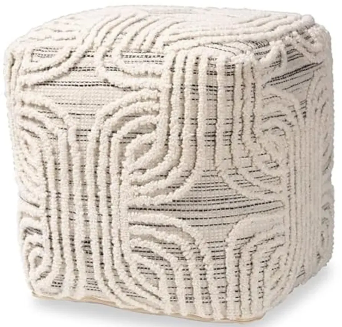 Baxton Studio Arlett Modern and Contemporary Bohemian Ivory and Black Handwoven Wool Blend Pouf Ottoman