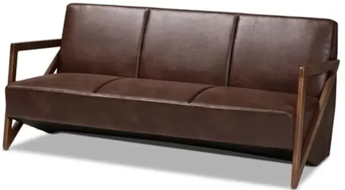 Baxton Studio Christa Mid-Century Modern Transitional Dark Brown Faux Leather Effect Fabric Upholstered and Walnut Brown Finished Wood Sofa