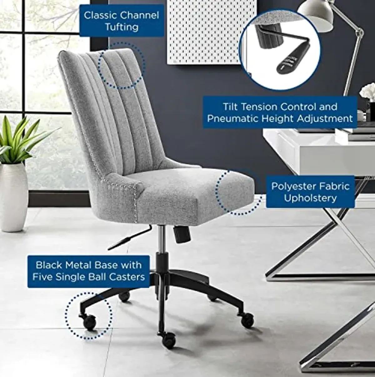 Modway EEI-4576-BLK-LGR Empower Channel Tufted Fabric Office Chair, Black Light Gray