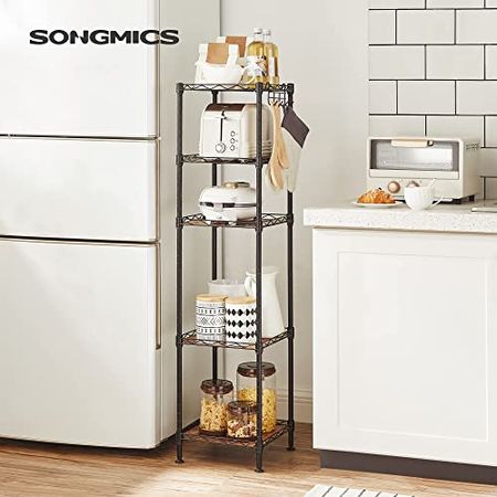 SONGMICS Bathroom Shelf, Storage Rack for Small Space, Total Load Capacity 220 lb, 11.8 x 11.8 x 48.6 Inches, with 5 PP Sheets, Removable Hooks, Extendable Design, Black and Rustic Brown ULGR023B02