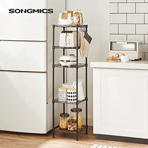 SONGMICS Bathroom Shelf, Storage Rack for Small Space, Total Load Capacity 220 lb, 11.8 x 11.8 x 48.6 Inches, with 5 PP Sheets, Removable Hooks, Extendable Design, Black and Rustic Brown ULGR023B02