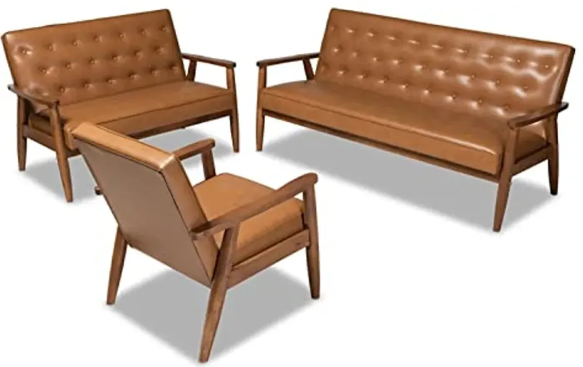 Baxton Studio Sorrento Mid-Century Modern Tan Faux Leather Upholstered and Walnut Brown Finished Wood 3-Piece Living Room Set