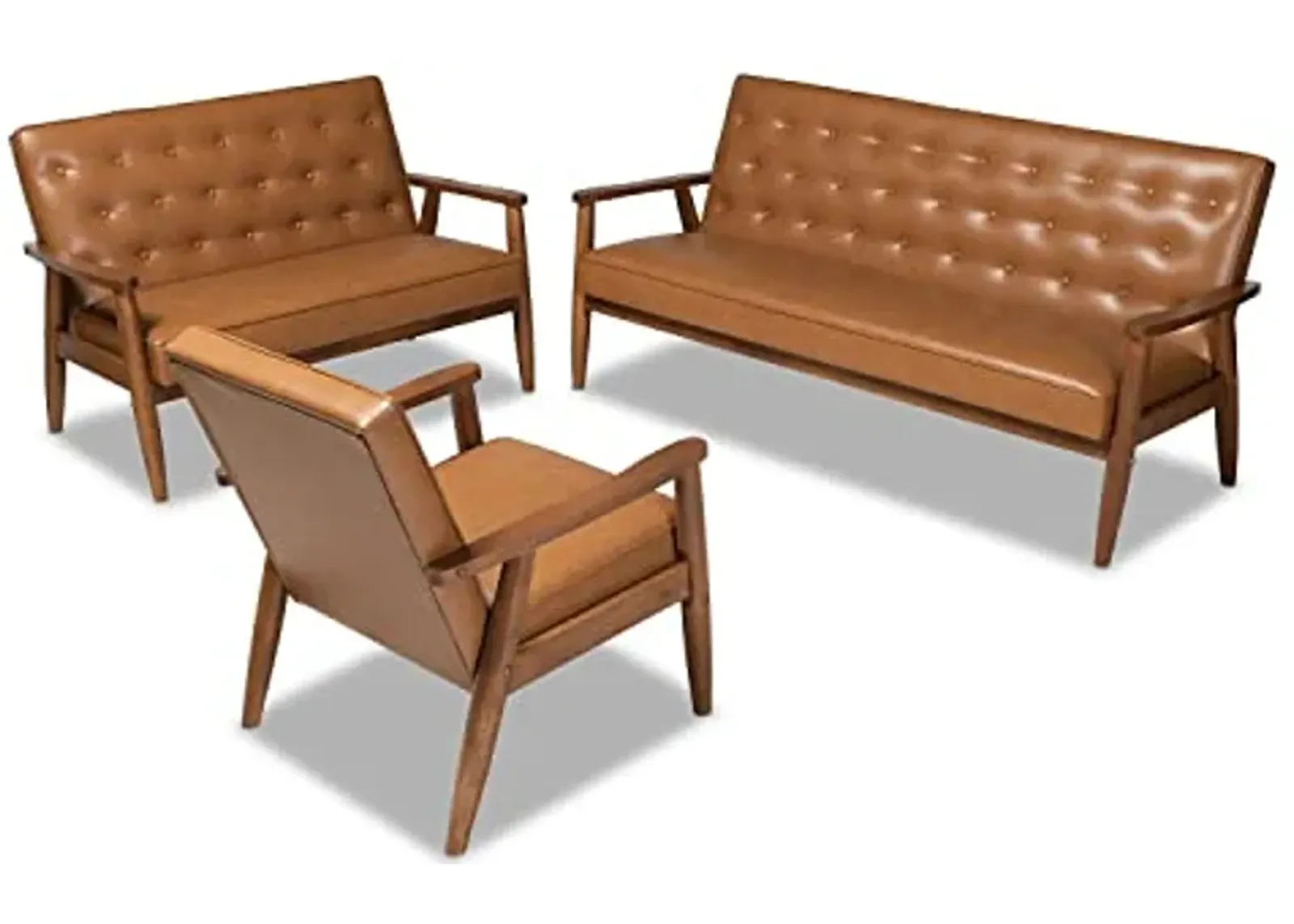 Baxton Studio Sorrento Mid-Century Modern Tan Faux Leather Upholstered and Walnut Brown Finished Wood 3-Piece Living Room Set