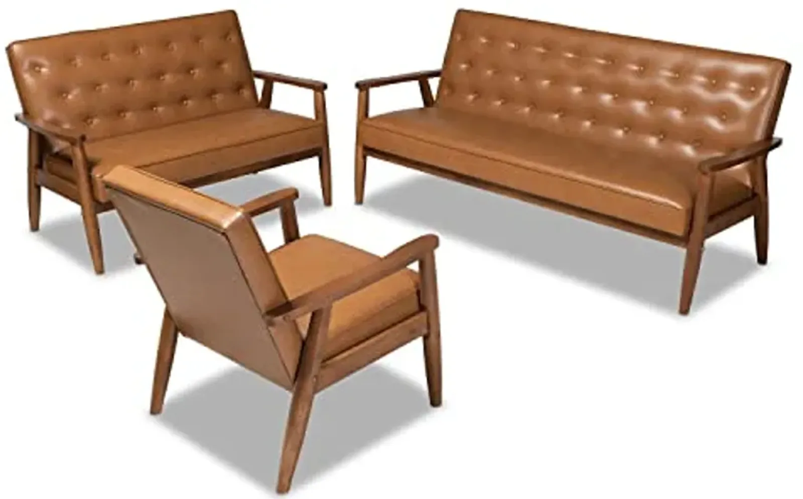 Baxton Studio Sorrento Mid-Century Modern Tan Faux Leather Upholstered and Walnut Brown Finished Wood 3-Piece Living Room Set