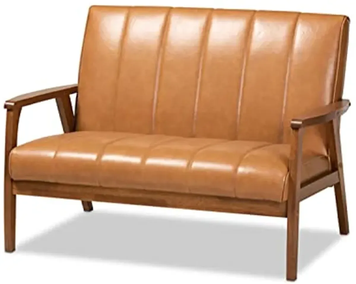 Baxton Studio Nikko Mid-Century Modern Tan Faux Leather Upholstered and Walnut Brown Finished Wood 3-Piece Living Room Set