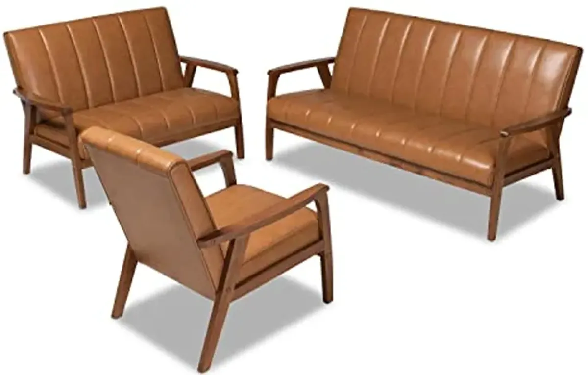 Baxton Studio Nikko Mid-Century Modern Tan Faux Leather Upholstered and Walnut Brown Finished Wood 3-Piece Living Room Set