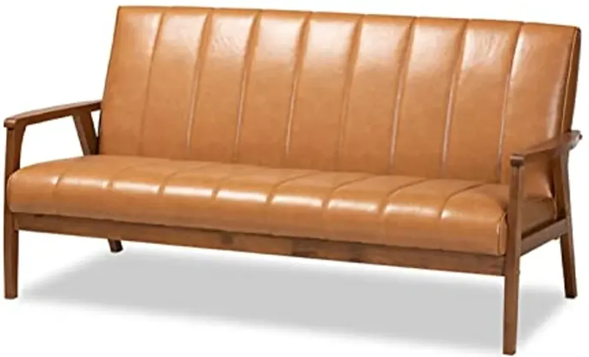 Baxton Studio Nikko Mid-Century Modern Tan Faux Leather Upholstered and Walnut Brown Finished Wood 3-Piece Living Room Set