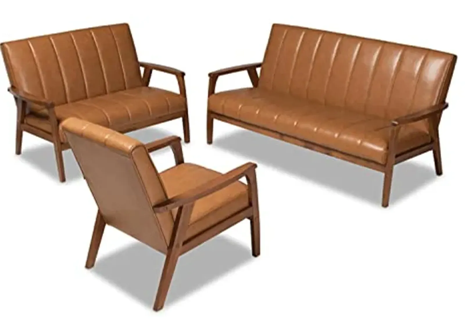 Baxton Studio Nikko Mid-Century Modern Tan Faux Leather Upholstered and Walnut Brown Finished Wood 3-Piece Living Room Set