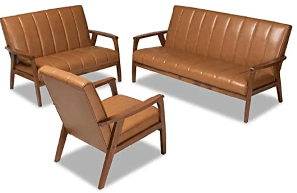 Baxton Studio Nikko Mid-Century Modern Tan Faux Leather Upholstered and Walnut Brown Finished Wood 3-Piece Living Room Set