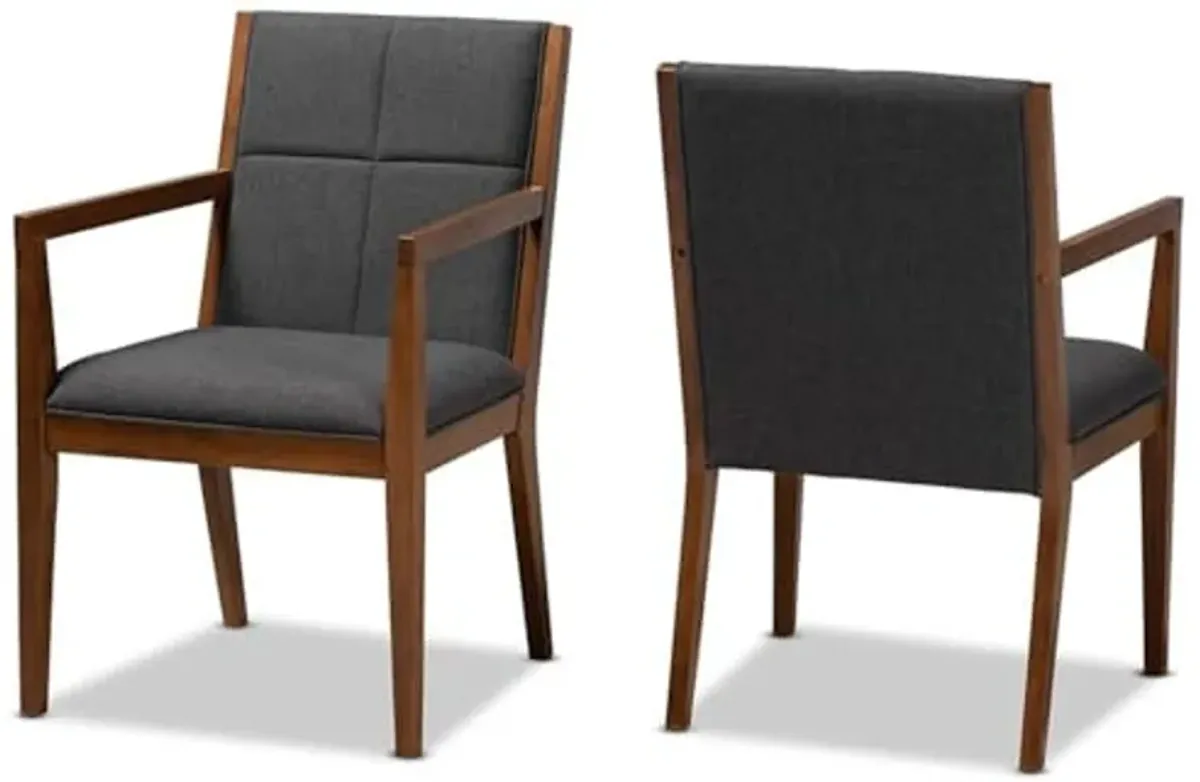 Baxton Studio Theresa Mid-Century Modern Dark Grey Fabric Upholstered and Walnut Brown Finished Wood Living Room Accent Chair (Set of 2)