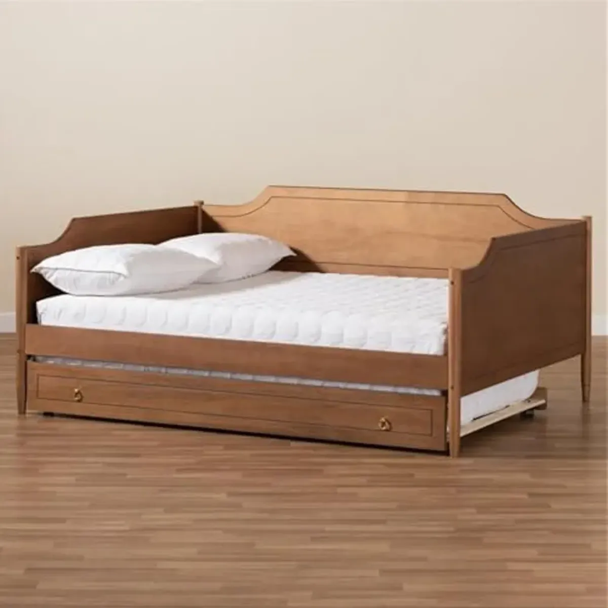 Baxton Studio Alya Classic Traditional Farmhouse Walnut Brown Finished Wood Full Size Daybed with Roll-Out Trundle Bed