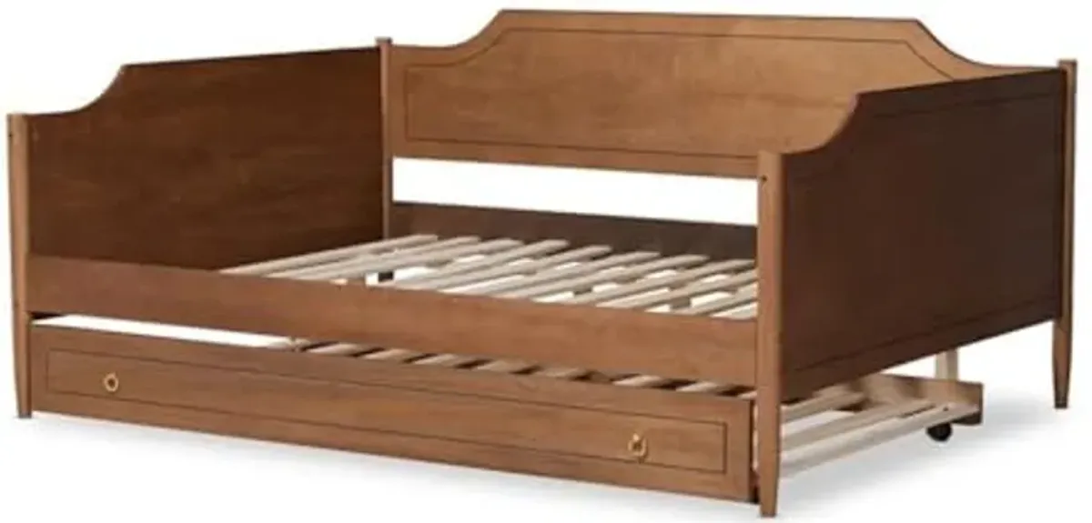 Baxton Studio Alya Classic Traditional Farmhouse Walnut Brown Finished Wood Full Size Daybed with Roll-Out Trundle Bed