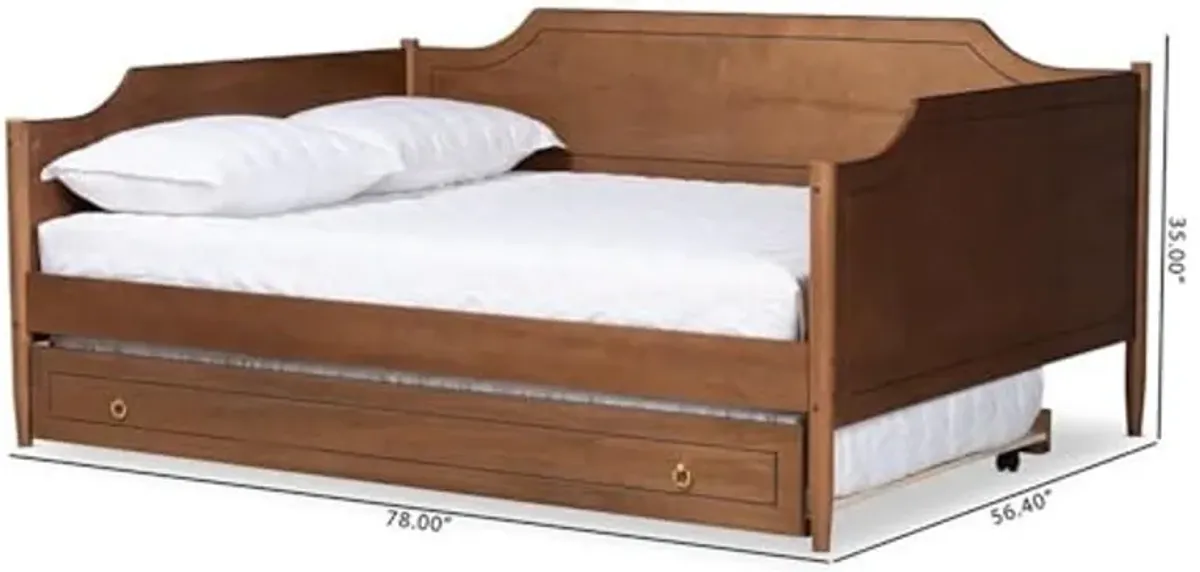 Baxton Studio Alya Classic Traditional Farmhouse Walnut Brown Finished Wood Full Size Daybed with Roll-Out Trundle Bed