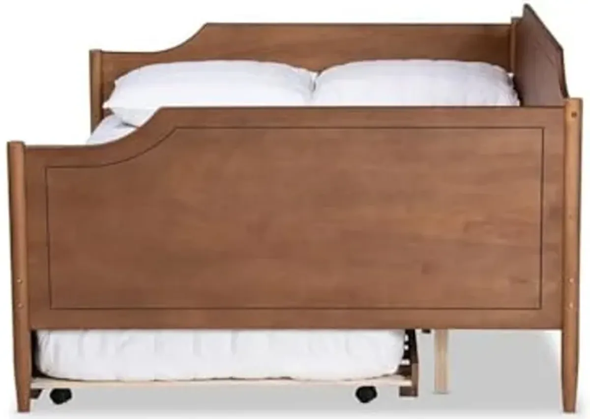 Baxton Studio Alya Classic Traditional Farmhouse Walnut Brown Finished Wood Full Size Daybed with Roll-Out Trundle Bed