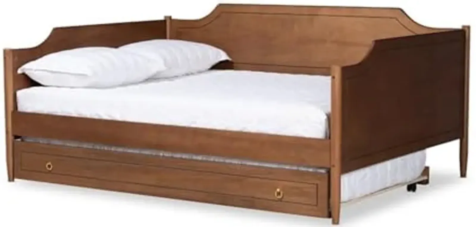 Baxton Studio Alya Classic Traditional Farmhouse Walnut Brown Finished Wood Full Size Daybed with Roll-Out Trundle Bed