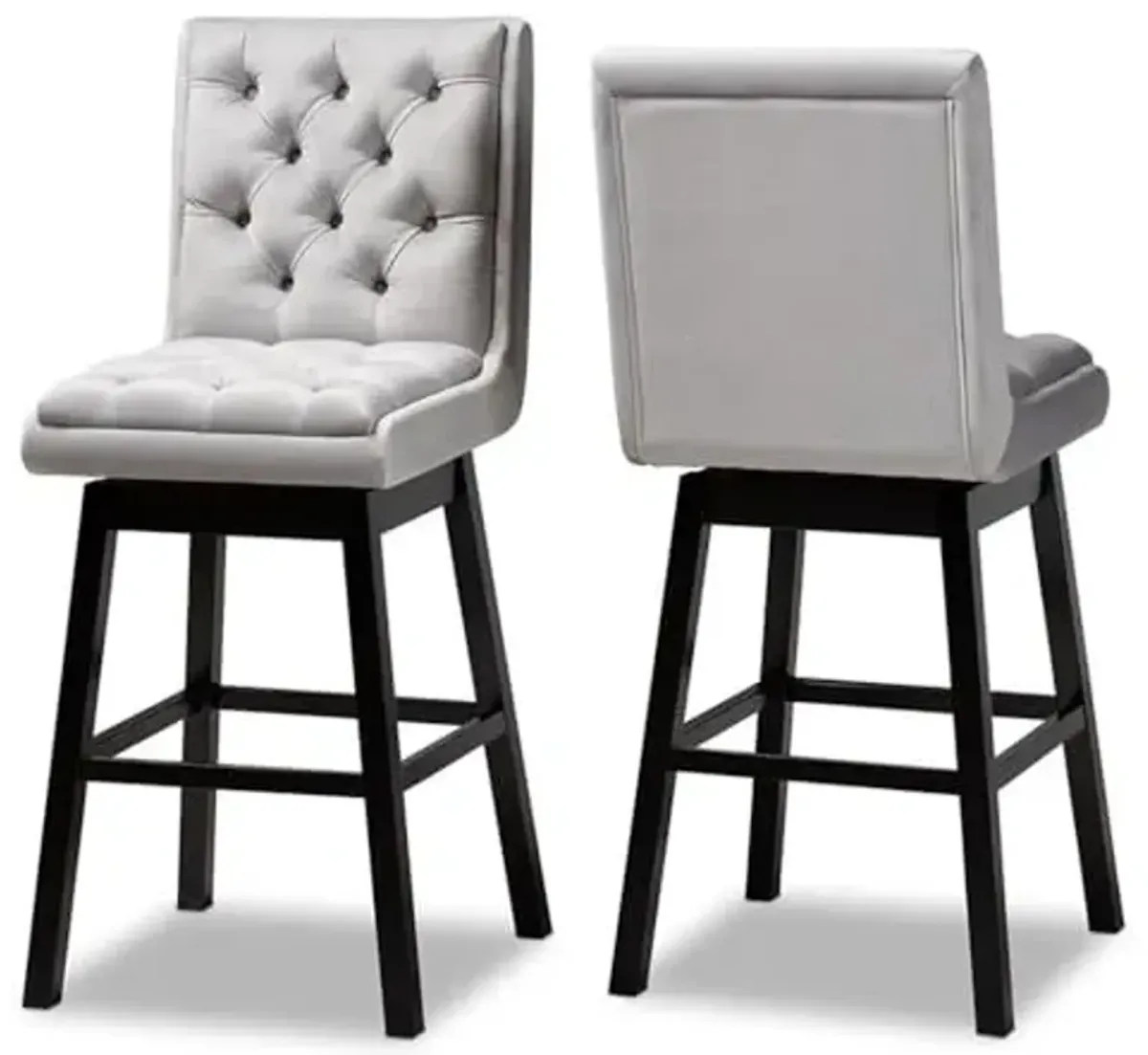 Baxton Studio Gregory Modern Transitional Light Grey Velvet Fabric Upholstered and Dark Brown Finished Wood 2-Piece Swivel Bar Stool Set