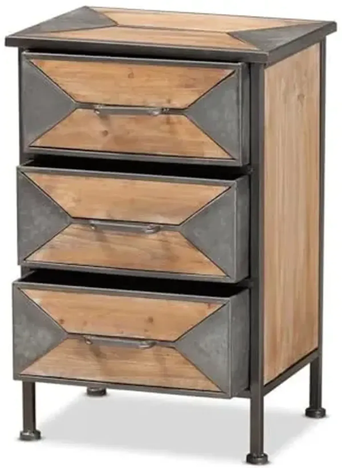 Baxton Studio Laurel Rustic Industrial Antique Grey Finished Metal and Whitewashed Oak Brown Finished Wood 3-Drawer Nightstand