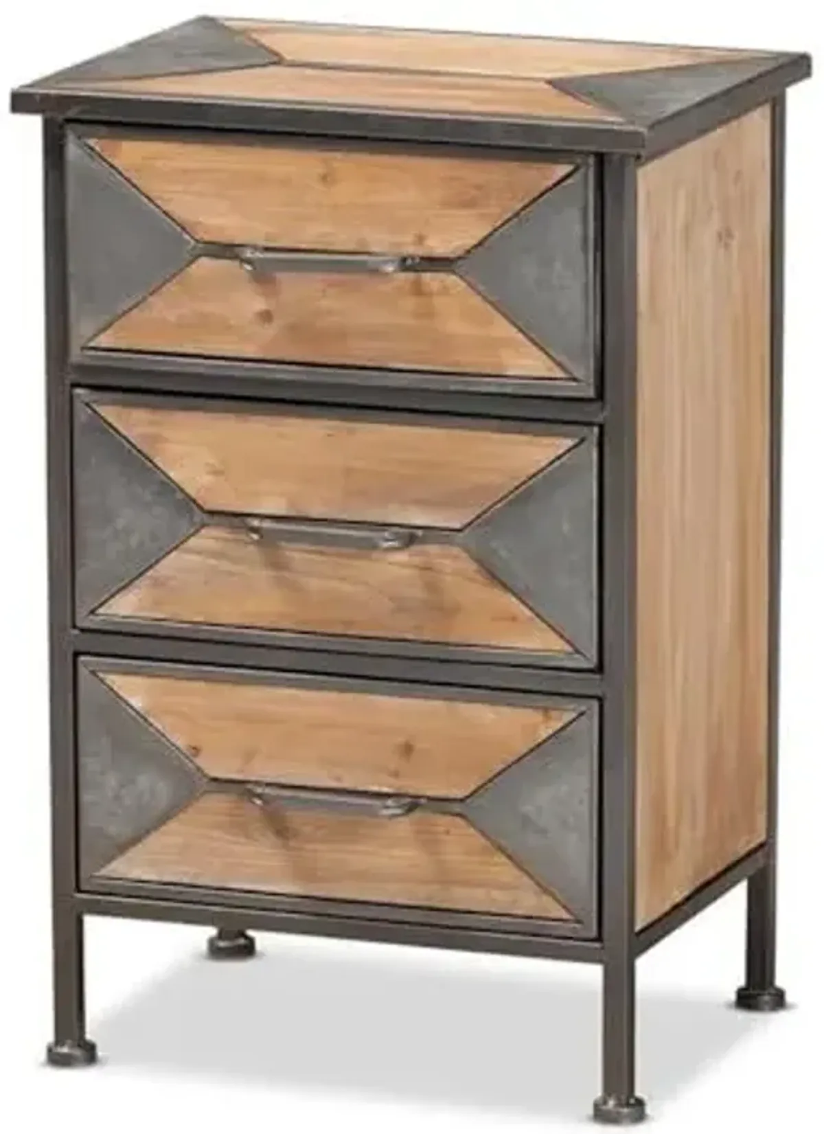 Baxton Studio Laurel Rustic Industrial Antique Grey Finished Metal and Whitewashed Oak Brown Finished Wood 3-Drawer Nightstand