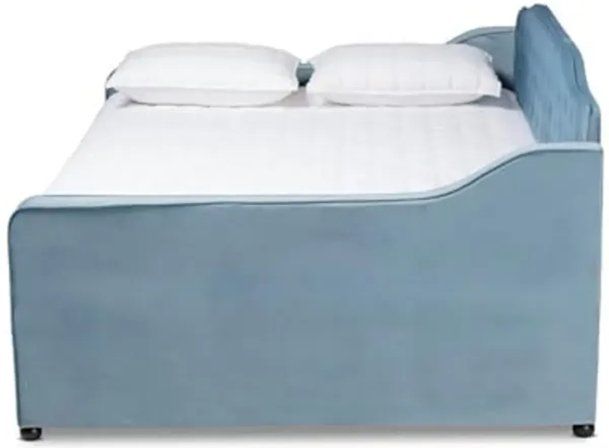 Baxton Studio Freda Transitional and Contemporary Light Blue Velvet Fabric Upholstered and Button Tufted Full Size Daybed with Trundle