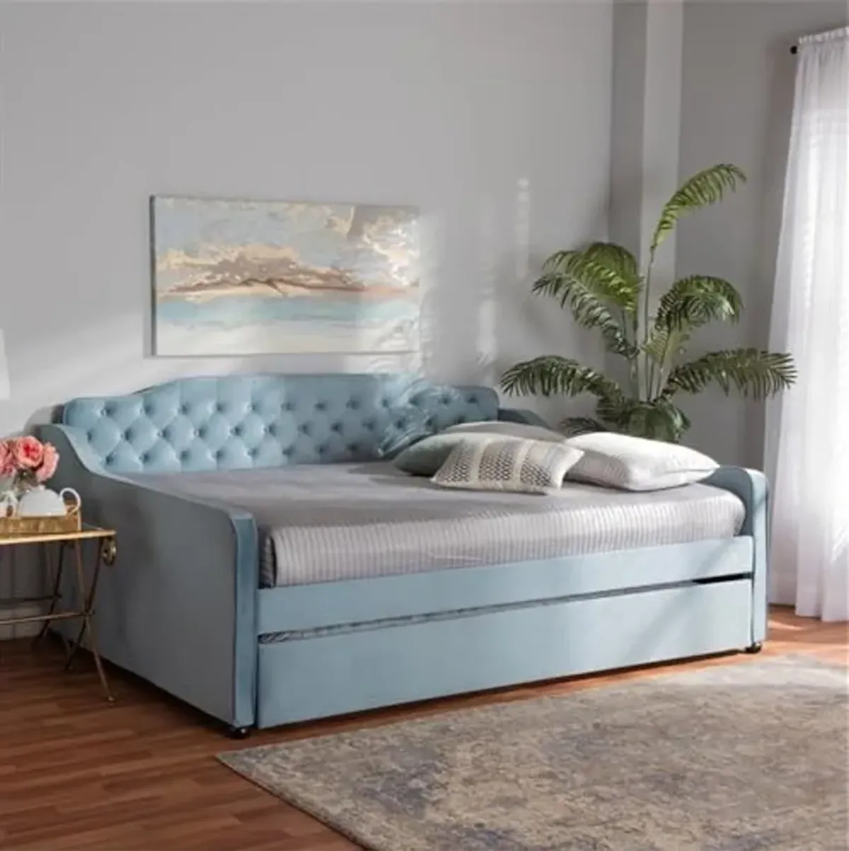 Baxton Studio Freda Transitional and Contemporary Light Blue Velvet Fabric Upholstered and Button Tufted Full Size Daybed with Trundle