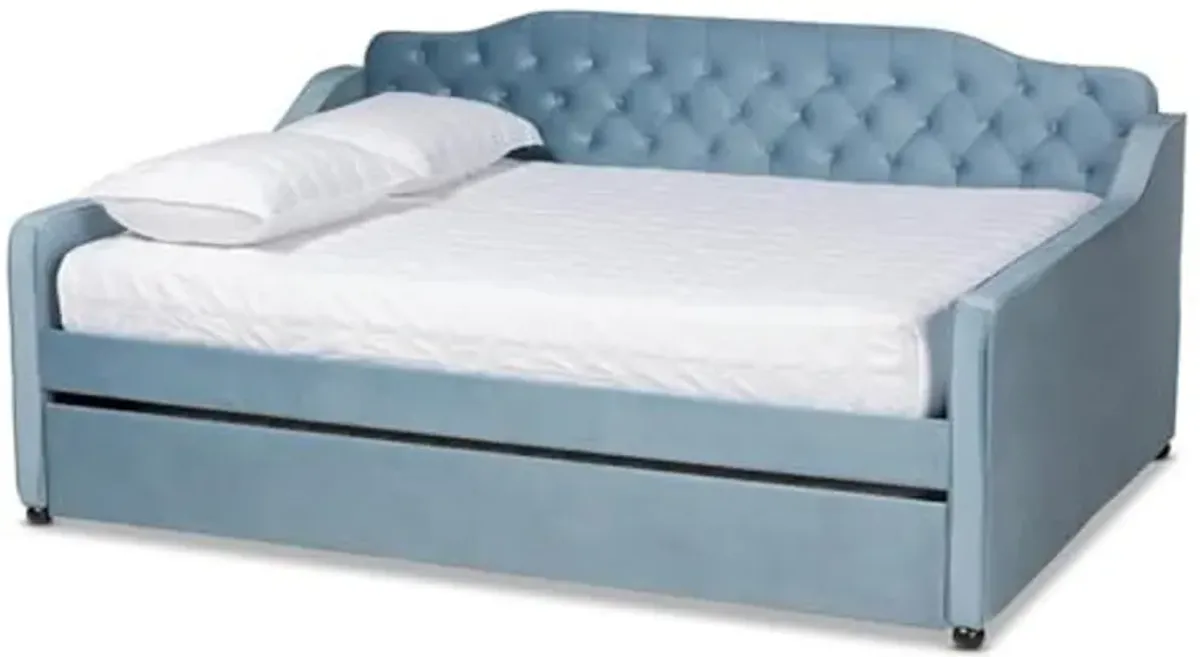 Baxton Studio Freda Transitional and Contemporary Light Blue Velvet Fabric Upholstered and Button Tufted Full Size Daybed with Trundle