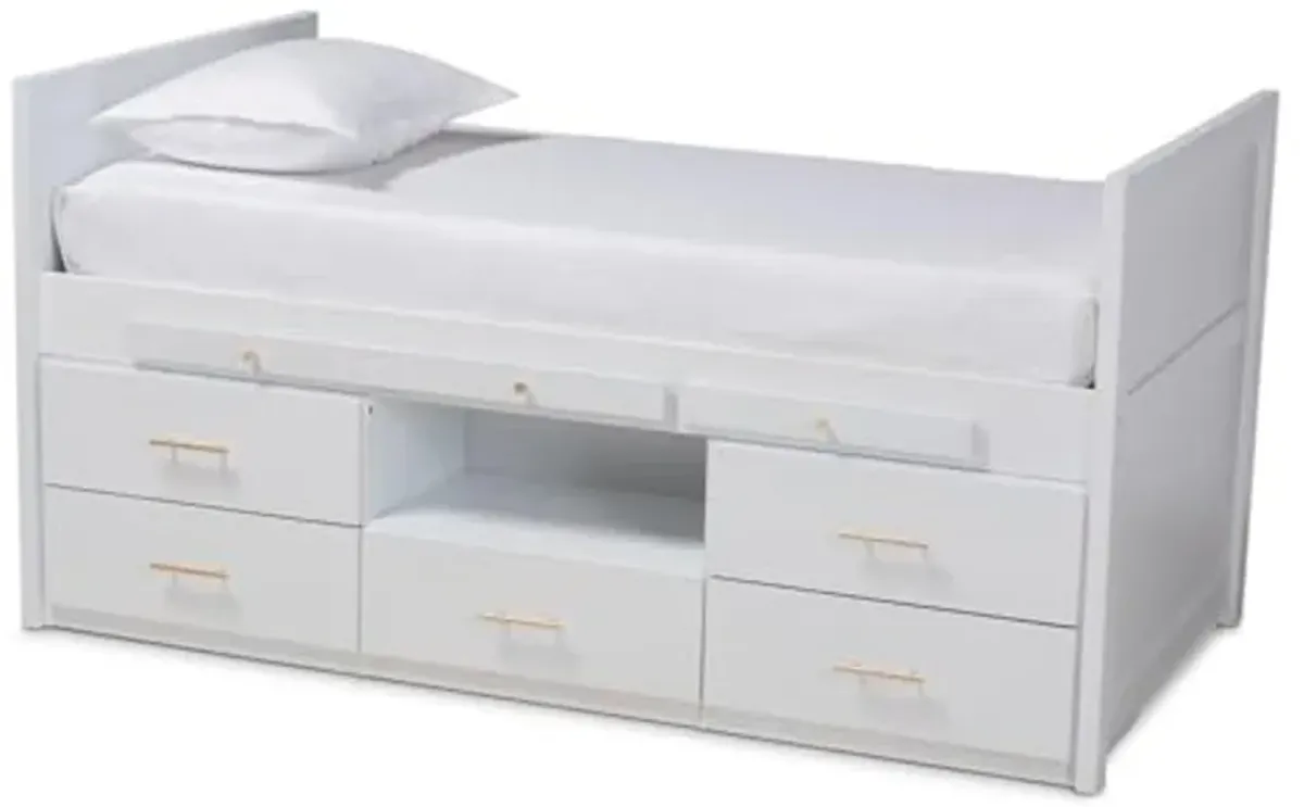 Baxton Studio Mirza Modern and Contemporary White Finished Wood 5-Drawer Twin Size Storage Bed with Pull-Out Desk