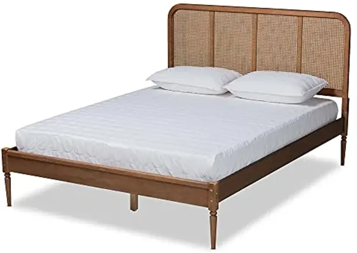 Baxton Studio Elston Mid-Century Modern Walnut Brown Finished Wood and Synthetic Rattan Queen Size Platform Bed