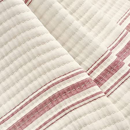 Lush Decor Farmhouse Stripe Kantha Pick Stich Yarn Dyed Cotton Woven Throw Reversible Ticking Pinstripe Design Blanket, 50" x 60", Red