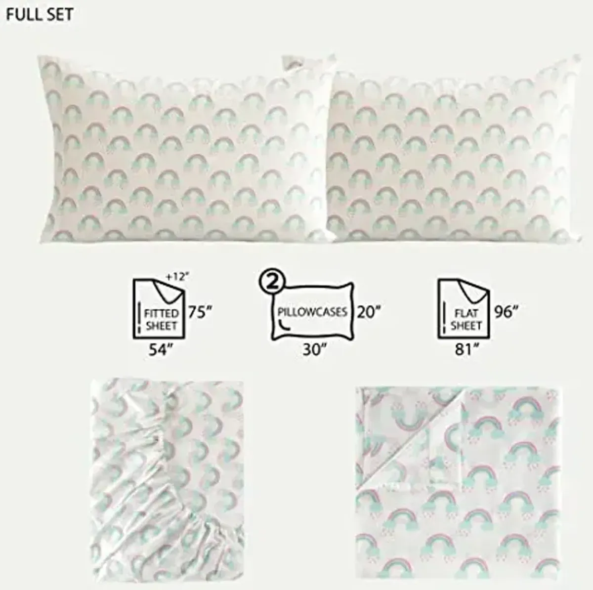 Heritage Kids 4 Piece Sheet Set Full – Rainbow Print, Includes Fitted Sheet, Flat Top Sheet & 2 Pillowcases, Soft Kids Bedding Set