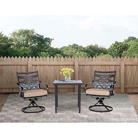 Hanover Montclair 3-Piece All-Weather Outdoor Patio Bistro Dining Set, 2 Swivel Rocker Chairs with Comfortable Seat and Lumbar Cushions, 27" Square Stamped Rectangle Table, MCLRDN3PCSW2-TAN
