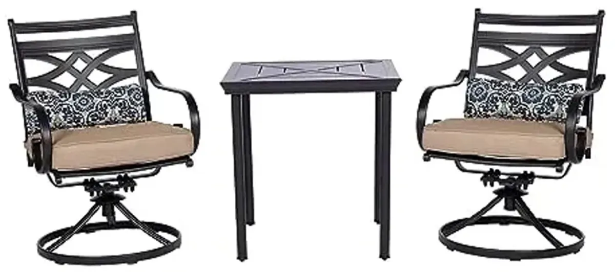 Hanover Montclair 3-Piece Patio Conversation Set, 2 Swivel Rocker Chairs with Comfortable Seat and Lumbar Cushions, 27" Square Stamped Rectangle Table, All-Weather Outdoor Bistro Set