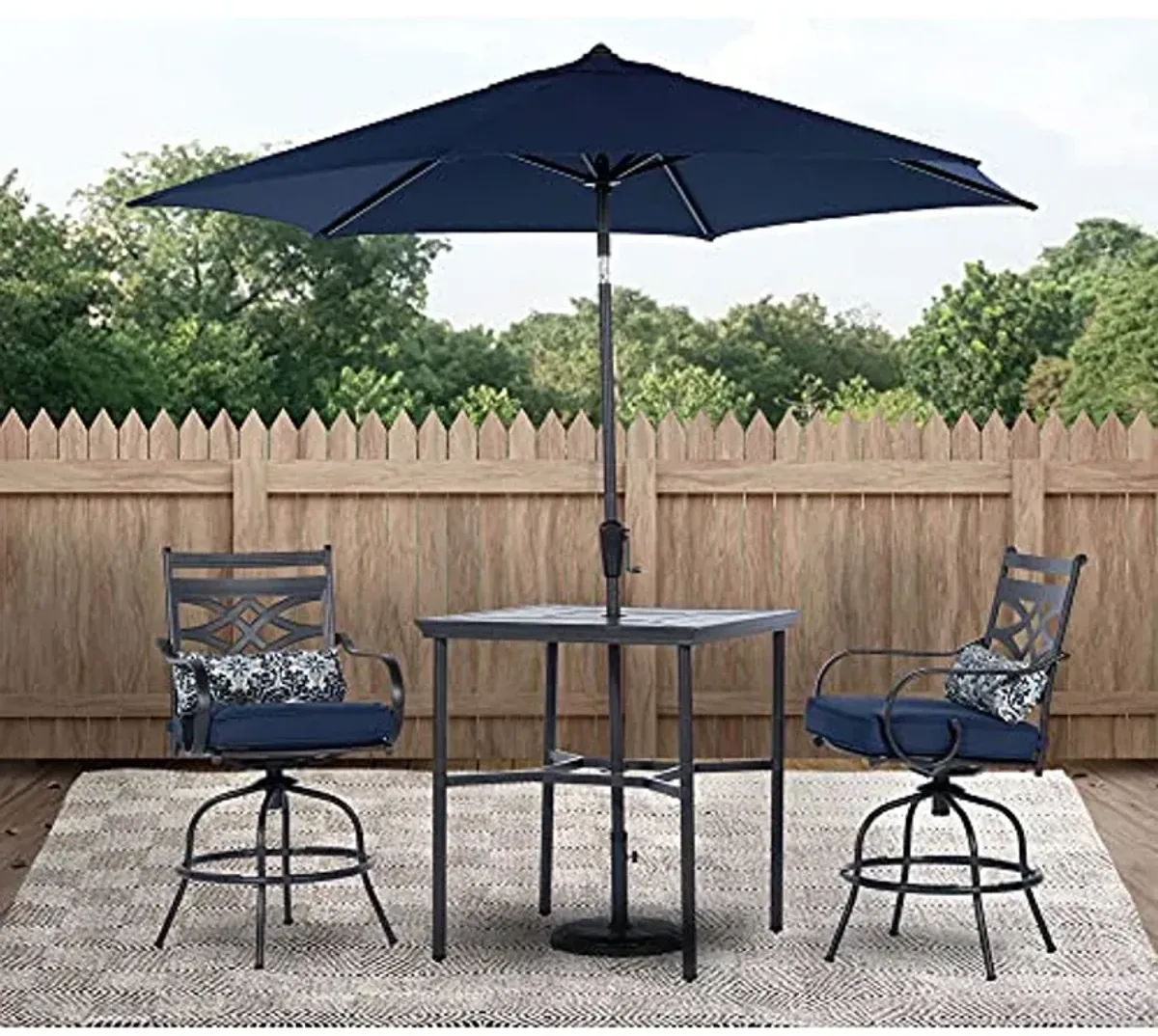 Hanover Montclair 3-Piece All-Weather Outdoor Patio High Dining Set, 2 Swivel Counter-Height Chairs with Comfortable Seat and Lumbar Cushions, 33" Square Stamped Rectangle Table, Umbrella, and Base