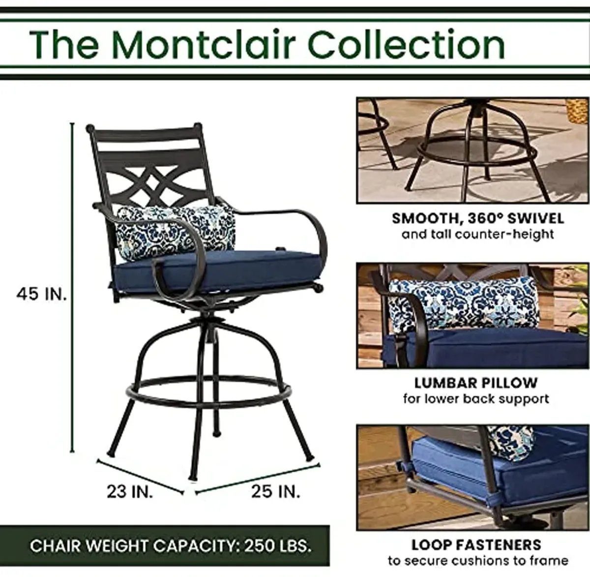 Hanover Montclair 3-Piece All-Weather Outdoor Patio High Dining Set, 2 Swivel Counter-Height Chairs with Comfortable Seat and Lumbar Cushions, 33" Square Stamped Rectangle Table, Umbrella, and Base