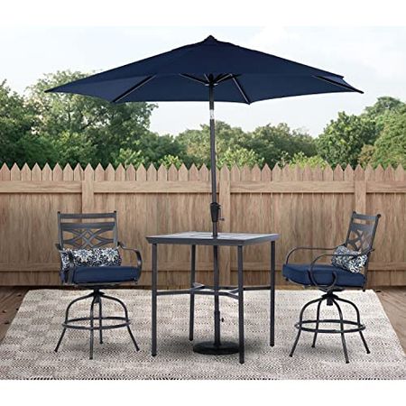 Hanover Montclair 3-Piece All-Weather Outdoor Patio High Dining Set, 2 Swivel Counter-Height Chairs with Comfortable Seat and Lumbar Cushions, 33" Square Stamped Rectangle Table, Umbrella, and Base