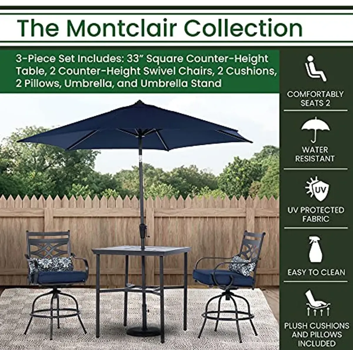 Hanover Montclair 3-Piece All-Weather Outdoor Patio High Dining Set, 2 Swivel Counter-Height Chairs with Comfortable Seat and Lumbar Cushions, 33" Square Stamped Rectangle Table, Umbrella, and Base