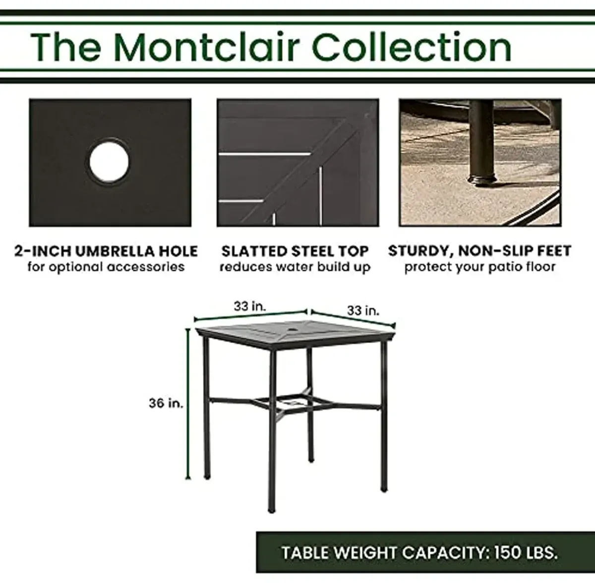 Hanover Montclair 3-Piece All-Weather Outdoor Patio High Dining Set, 2 Swivel Counter-Height Chairs with Comfortable Seat and Lumbar Cushions, 33" Square Stamped Rectangle Table, Umbrella, and Base